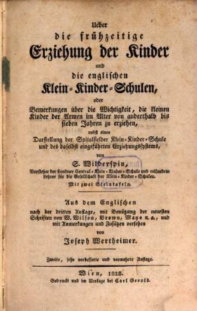 Über die frühzeitige Erziehung der Kinder und die englischen Klein-Kinder-Schulen