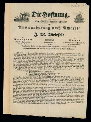Informationsblatt der Auswandereragentur "Die Hoffnung" von J. M. Bielefeld (Mannheim, Rotterdam, Havre)