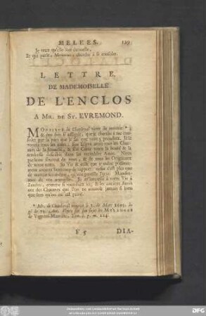 Lettre De Mademoiselle De L'Enclos A mr. De St. Evremond.