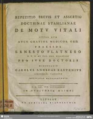 Repetitio Brevis Et Assertio Doctrinae Stahlianae De Motu Vitali
