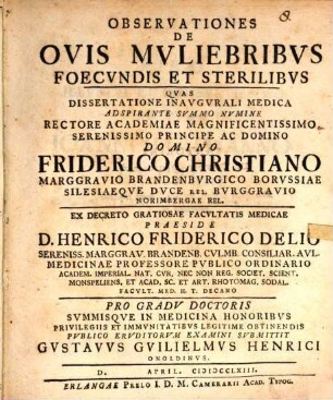 Observationes de ovis mvliebribvs foecvndis et sterilibvs