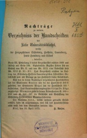 Verzeichniss der Handschriften der Kieler Universitätsbibliothek, welche die Herzogthümer Schleswig und Holstein betreffen, 3,Nachträge