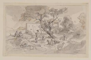 Südliche Landschaft mit Kloster und Figurenstaffage