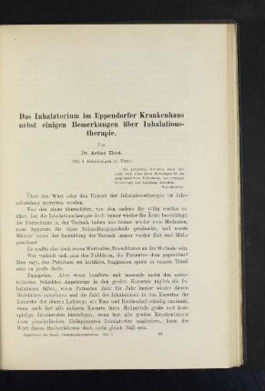 Das Inhalatorium im Eppendorfer Krankenhaus nebst einigen Bemerkungen über Inhalationstherapie.