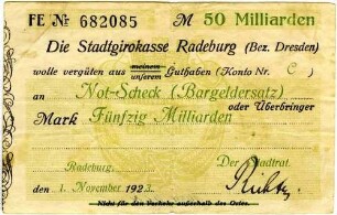 Not-Scheck (Bargeldersatz) über Fünfzig Milliarden Mark