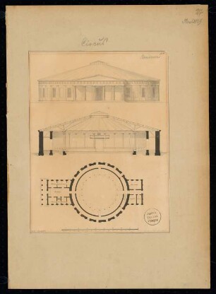 Zirkus Monatskonkurrenz November 1829: Grundriss Erdgeschoss, Aufriss Vorderansicht, Querschnitt; Maßstabsleiste