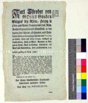 Verordnung von Karl Theodor Kurfürst von der Pfalz über ein Verbot der Lesegesellschaften