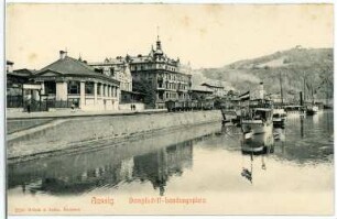 Aussig. Dampfschiff-Landungsplatz mit Dampfschiffen und Dampfschiff-Hotel
