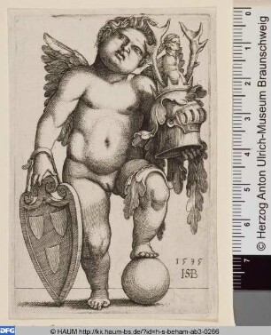 Weiblicher Genius hält ein Wappen