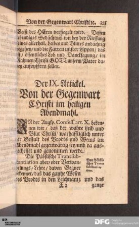 Der IX. Artickel. Von der Gegenwart Christi im heiligen Abendmahl.