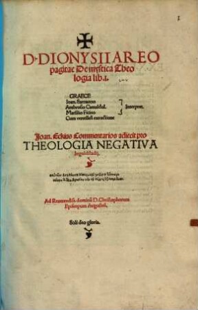 D. Dionysii Areopagitae De mystica Theologia lib. I. : Graece