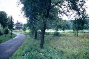Ortsrand: Straße und Blick auf einen Hausgiebel