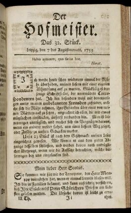 Das 32. Stück. Leipzig, den 7 des Augustmonats, 1753.
