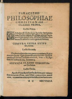 Paraclesis Philosophiae Christianae: Classis Prima.