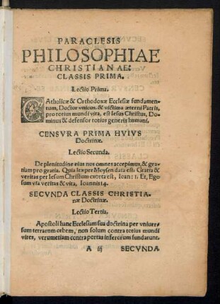 Paraclesis Philosophiae Christianae: Classis Prima.