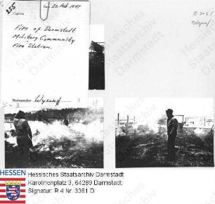 Darmstadt, 1947 Februar 20 / Brand in Darmstadt in der Military Community / 3 Szenenfotos (eins verdeckt durch angehefteten Zettel)