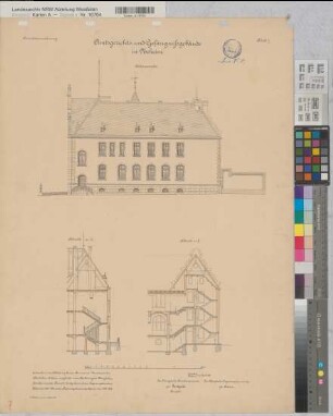 Neheim (Arnsberg) Amtsgericht Seitenansicht, Schnitte 1896 1 : 100 71 x 53 Druck: C. Hacker, Berlin Staatshochbauamt Soest-Arnsberg