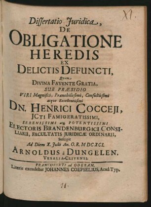 Dissertatio Iuridica, De Obligatione Heredis Ex Delictis Defuncti