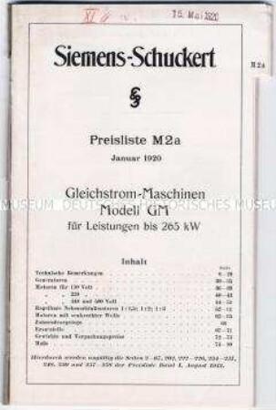 Preisliste M 2a über Gleichstrom-Maschinen