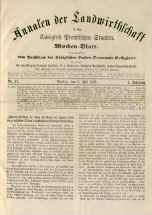 No. 27. Berlin, den 3. Juli 1861. I. Jahrgang.