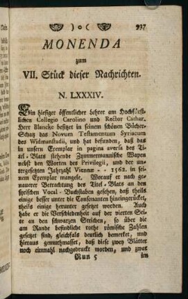 937-939, Monenda zum VII. Stück dieser Nachrichten