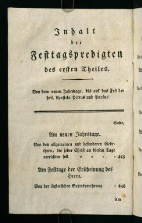 6v-7v, Inhalt der Festtagspredigten des ertsen Theiles.