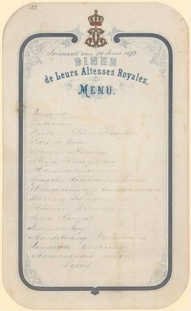 Menükarte : Diner de Leurs Altesses Royales