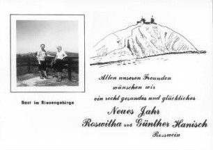 Grußkarte zum Jahreswechsel 1986/1987 : Rast im Riesengebirge. Grußkarte des Fotografen aus Roßwein zum Jahreswechsel 1986/1987 (mit Urlaubsfoto des Fotografen und seiner Frau im Riesengebirge)