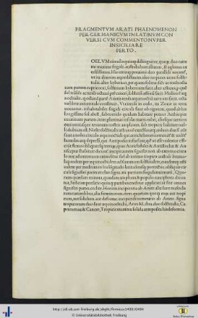 Fragmentum Arati Phaenomenon per Germanicum in Latinum conversi cum commento nuper in siciliare perto.