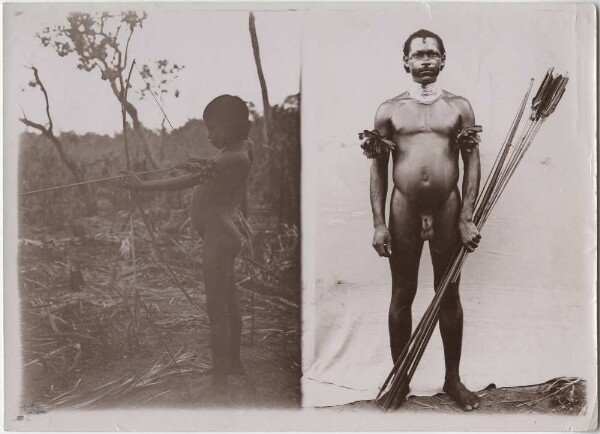 "Half-Indian" Bekara and Kayapó boy shooting with bow and arrow