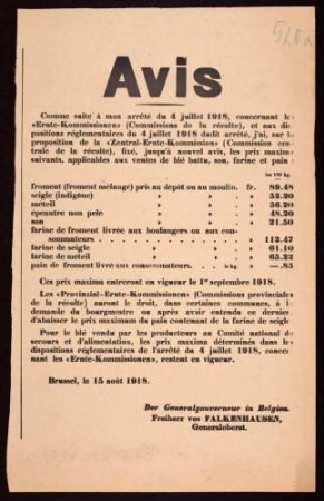 "Avis" (über die Neufestsetzung der Höchstpreise für Brotgetreide, Kleie, Mehl und Brot, vgl. Nr. 507)