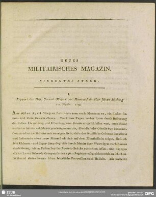 I. Rapport des Hrn. General-Majors von Hammerstein über seinen Rückzug aus Menin. 1794.