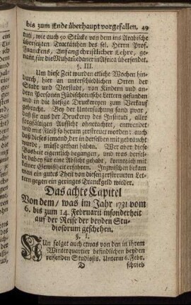 Das achte Capitel Von dem, was im Jahr 1731 vom 6. bis zum 14. Februarii insonderheit auf der Reise der beyden Studiosorum geschehen.