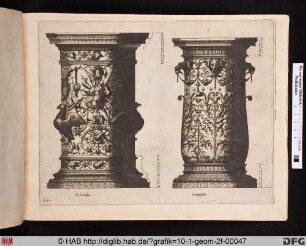 Zwei Säulenbasen der korinthischen und kompositen Ordnung mit grotesken Ornamenten.