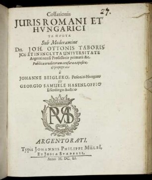 Collationis Iuris Romani Et Hungarici Ta Prōta