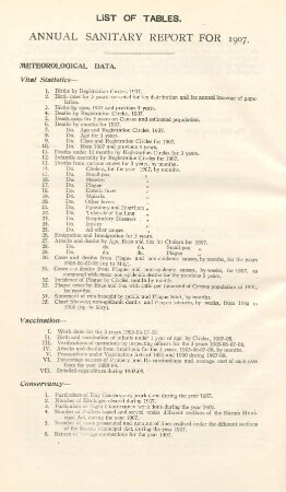 List of tables. Annual sanitary report for 1907