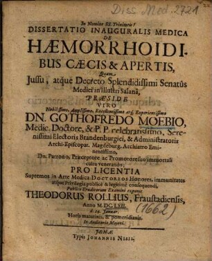 Dissertatio Inauguralis Medica De Haemorrhoidibus Caecis & Apertis