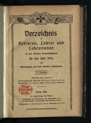 72: Verzeichnis der Rektoren, Lehrer und Lehrerinnen an den Berliner Gemeindeschulen - 72.1916