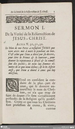 Sermon I. De la Verite de la Resurrection de Jesus-Christ