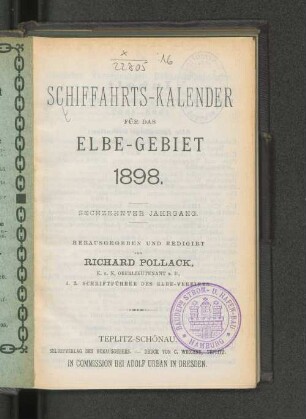 Schifffahrts-Kalender für das Elbe-Gebiet 1898. Sechzehnter Jahrgang.