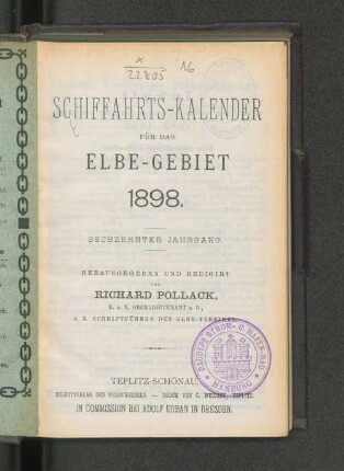 Schifffahrts-Kalender für das Elbe-Gebiet 1898. Sechzehnter Jahrgang.