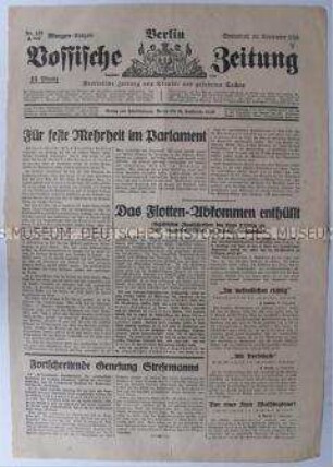 Titelblatt der Tageszeitung "Vossische Zeitung" zu Spekulationen über eine Kabinettsumbildung im Deutschen Reich