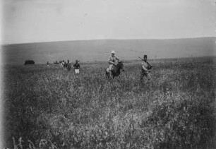 Karawane : Die Begleiter der Expedition während des Transports von Gepäck in einer Karawane. Einer der Expeditionsteilnehmer reitet in der Karawane auf einem Maultier