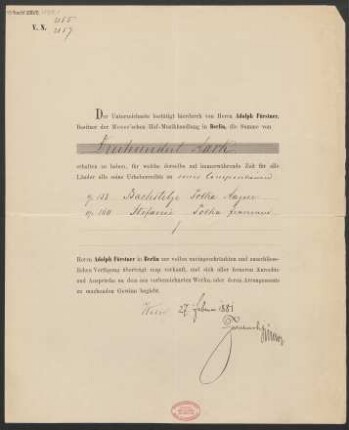 Verlagsscheine über Opus 158, 160, 162, 164, 166 und 167