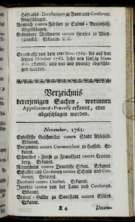 Verzeichnis dererjenigen Sachen, worinnen Appellations-Processe erkannt, oder abgeschlagen worden.