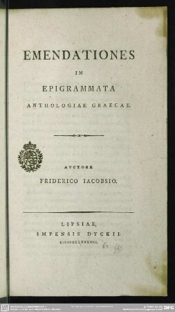 Emendationes In Epigrammata Anthologiae Graecae