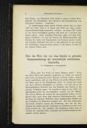 Über den Wert der von dem Schüler zu gebenden Zusammenfassung des unterrichtlich entwickelten Lehrstoffes
