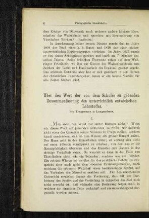 Über den Wert der von dem Schüler zu gebenden Zusammenfassung des unterrichtlich entwickelten Lehrstoffes