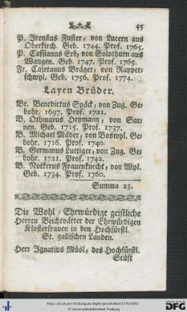 Die wohl-Ehrwürdige geistlichen Herren Beichtvätter der Ehrwürdigen Klosterfrauen in den Hochfürstl. St. gallischen Landen.