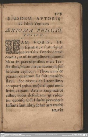 Ejusdem Autoris ad Filios Veritatis Aenigma Philosophicum